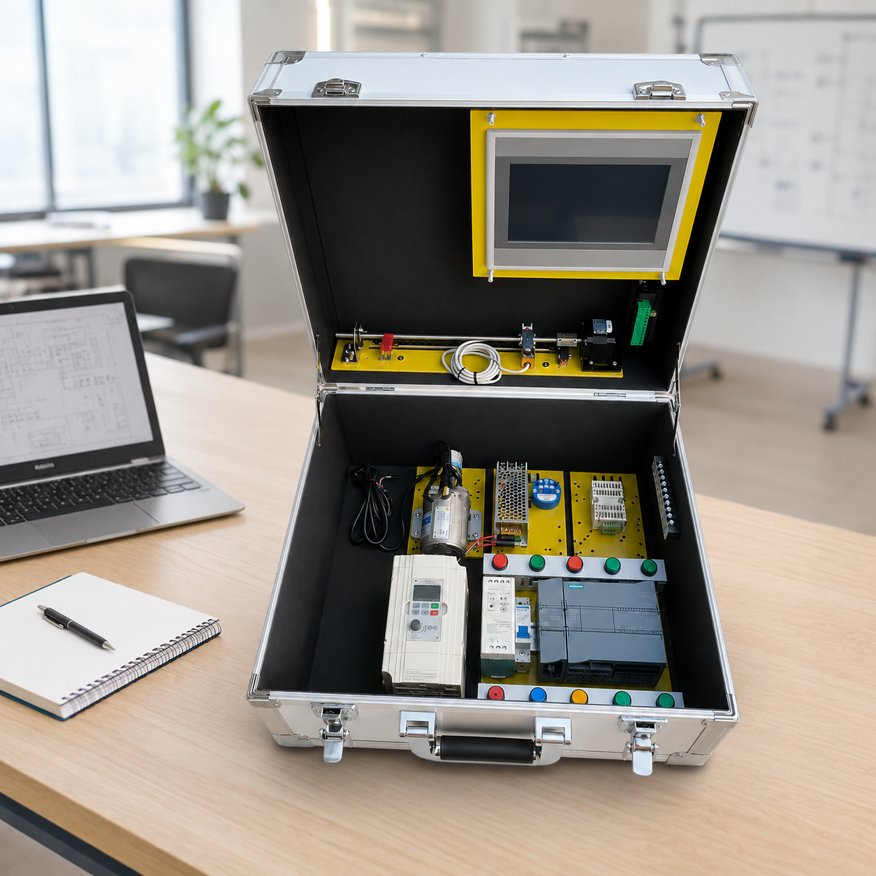 Portable Suitcase-Style Siemens S7-1200 PLC Trainer Kit with HMI, VFD Inverter & RS485 Modbus