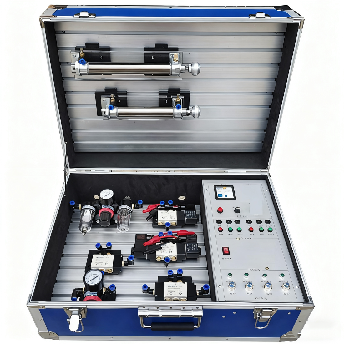 Portable pneumatic training kit with cylinders valves tubing and control components