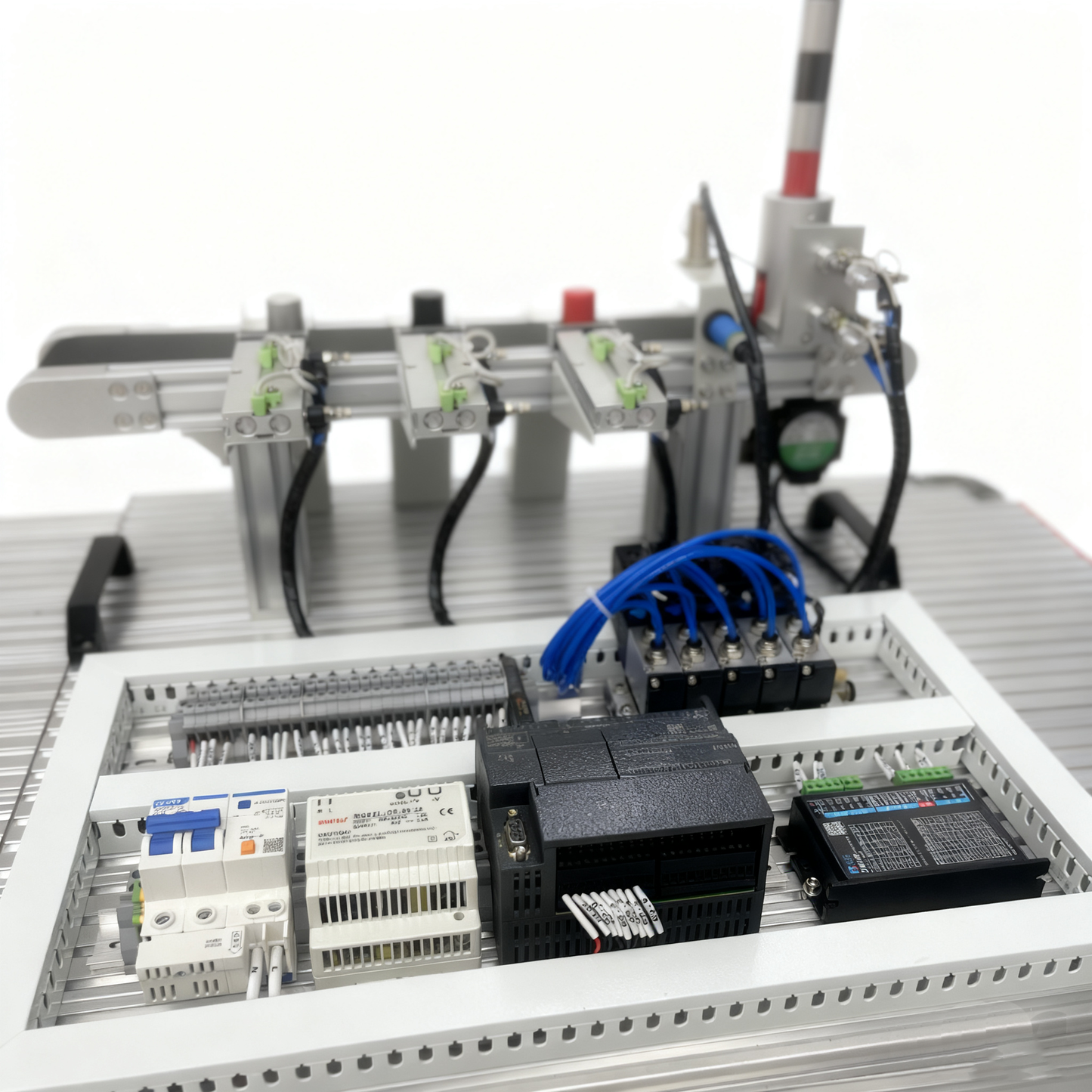 Desktop PLC Conveyor Sorting Trainer – 3-Station Mechatronics Training Module for Educational Use