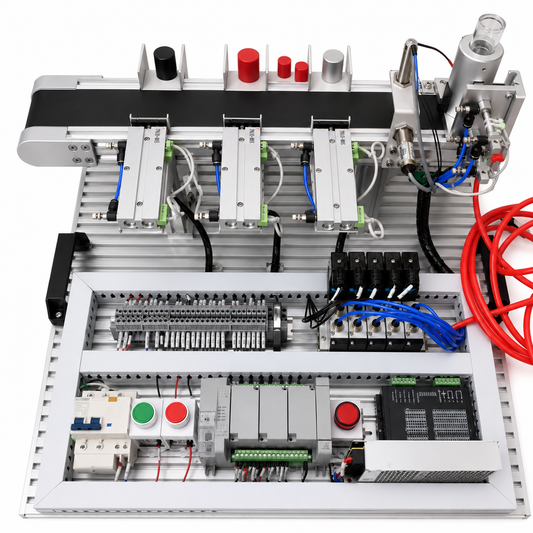 Desktop PLC conveyor sorting trainer with sensors and pneumatic sorting stations