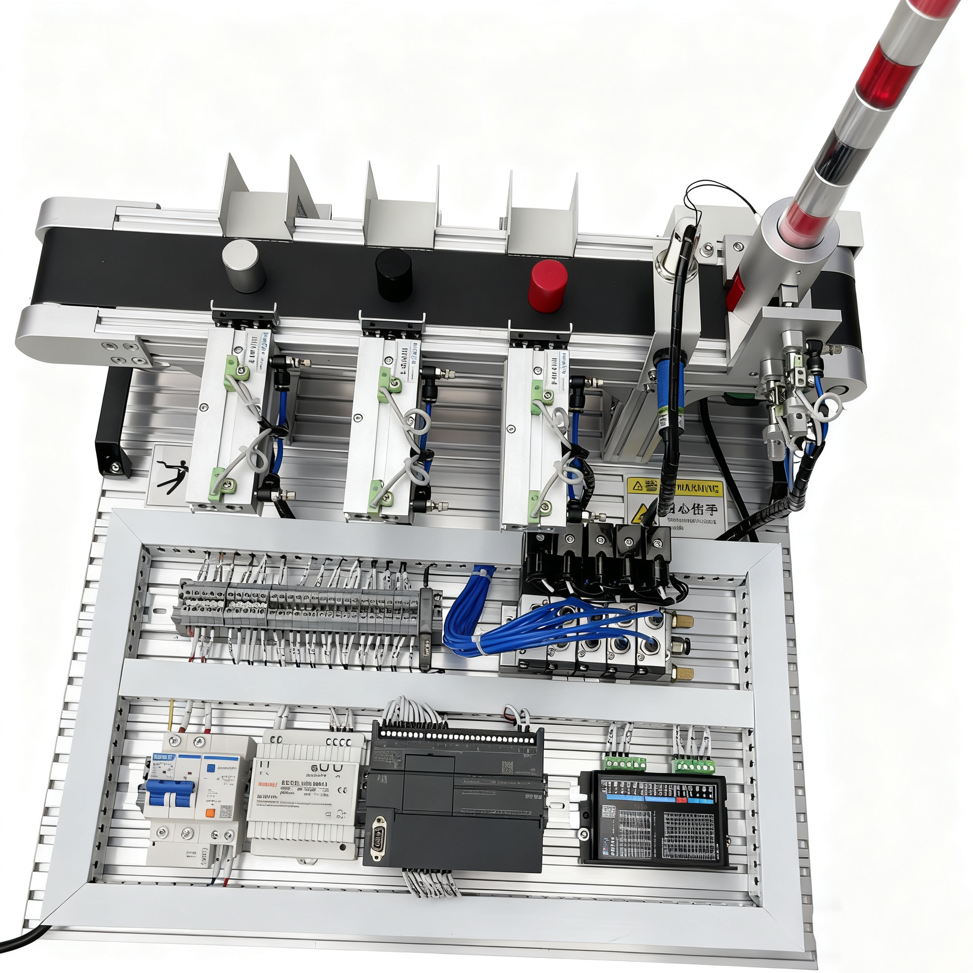 Desktop PLC conveyor sorting trainer with AB Micro830 PLC, pneumatic cylinders, sensors and three-station conveyor for mechatronics education.
