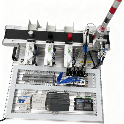 Desktop PLC conveyor sorting trainer with AB Micro830 PLC, pneumatic cylinders, sensors and three-station conveyor for mechatronics education.