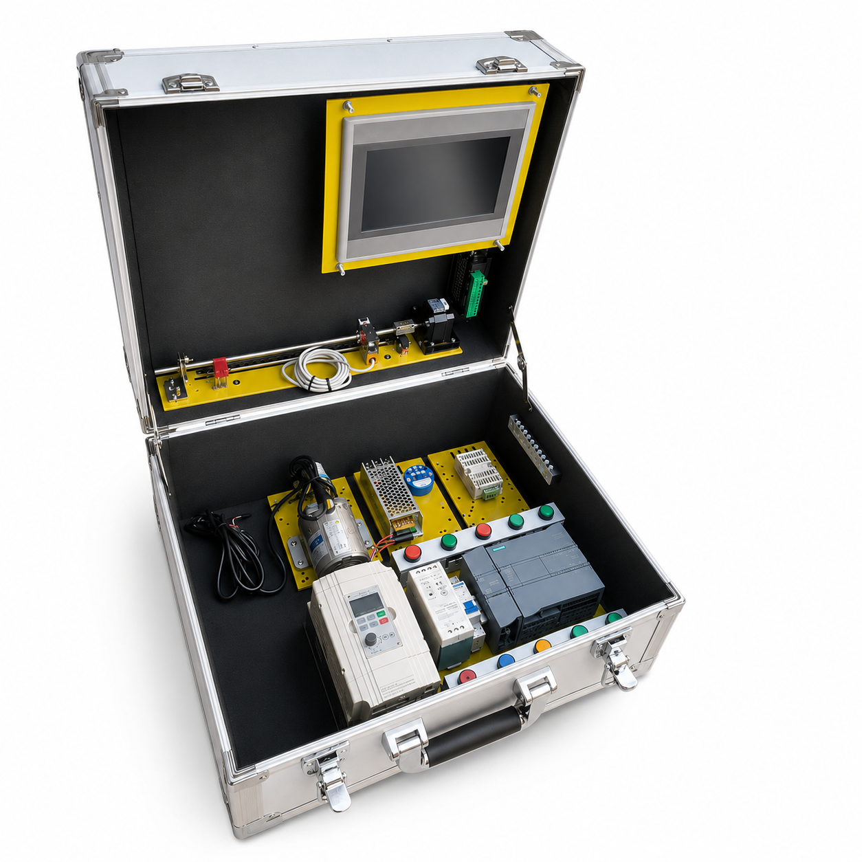 Portable Suitcase-Style Siemens S7-1200 PLC Trainer Kit with HMI, VFD Inverter & RS485 Modbus