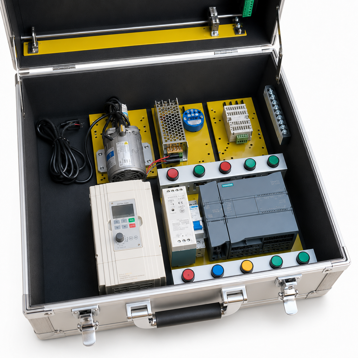 Portable Suitcase-Style Siemens S7-1200 PLC Trainer Kit with HMI, VFD Inverter & RS485 Modbus