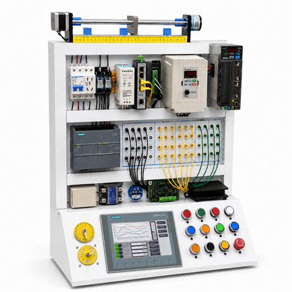 Three-quarter view of Siemens PLC trainer with KTP700 touchscreen, motor controls, patch cables, and motion control components