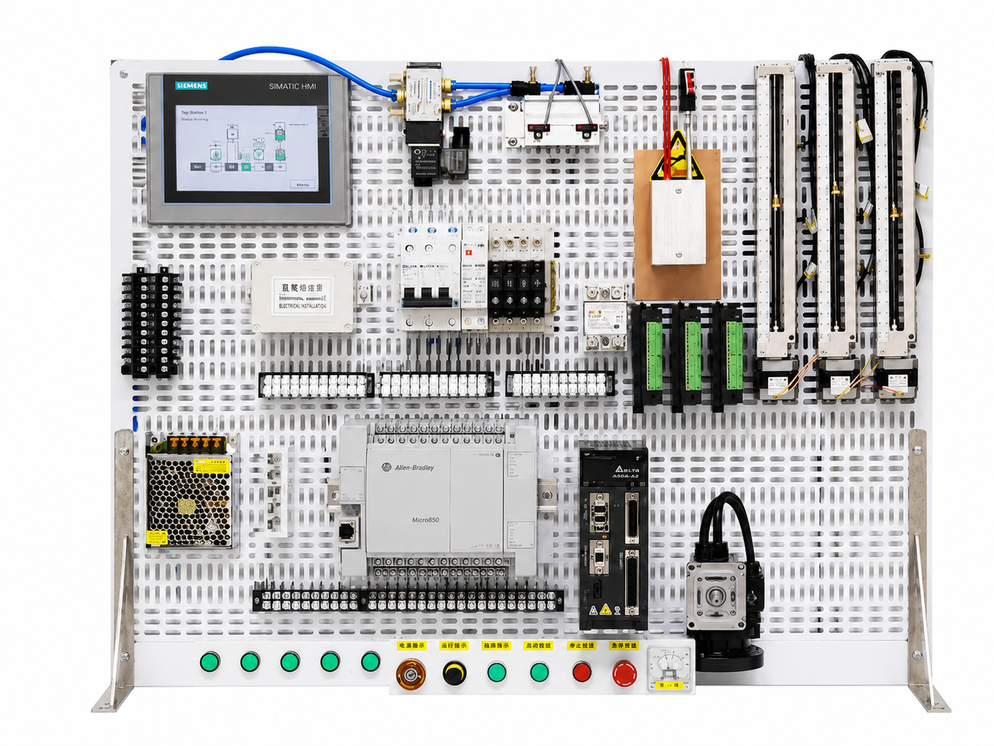 PLC training panel with Allen-Bradley Micro850 PLC, Siemens MTP700 HMI and Delta 100W servo system