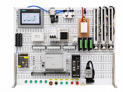 PLC training panel with Allen-Bradley Micro850 PLC, Siemens MTP700 HMI and Delta 100W servo system