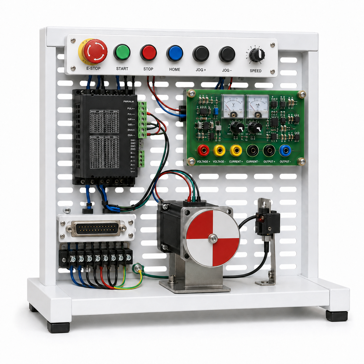 Stepper motor motion and PID analog voltage current control training module