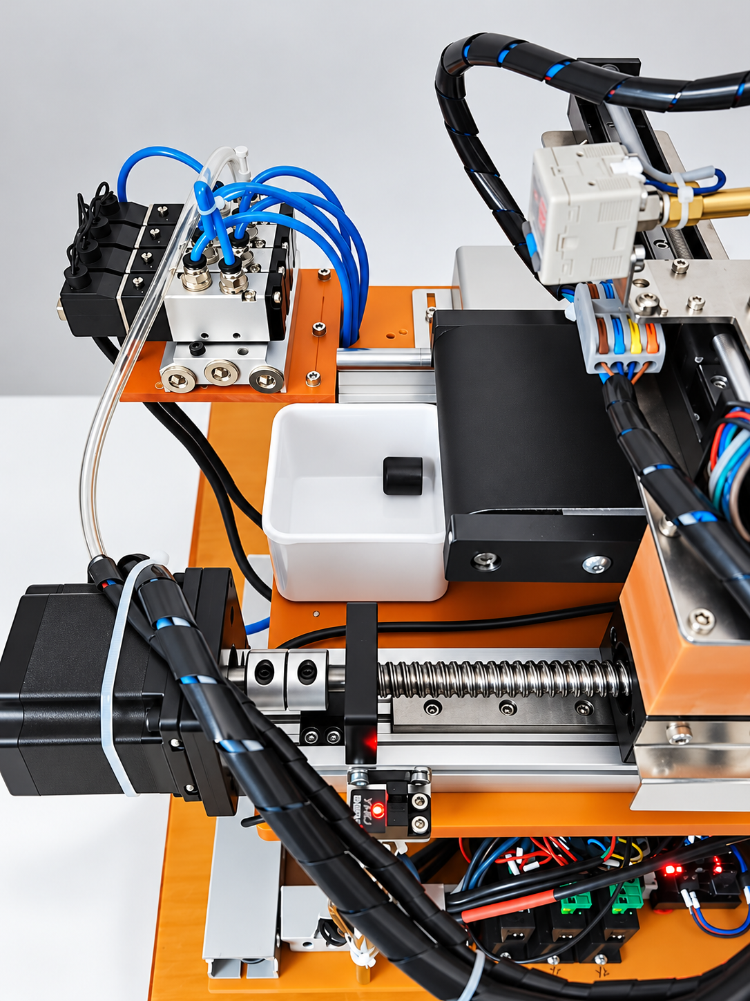 Pneumatic valve manifold, linear axis and conveyor mechanism configuration illustration