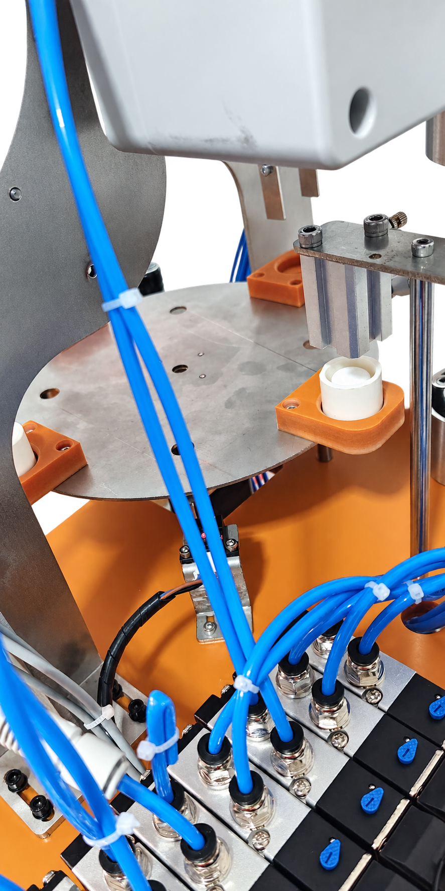 Pneumatic gripper, rotary indexing table, workpiece fixtures and valve manifold detail